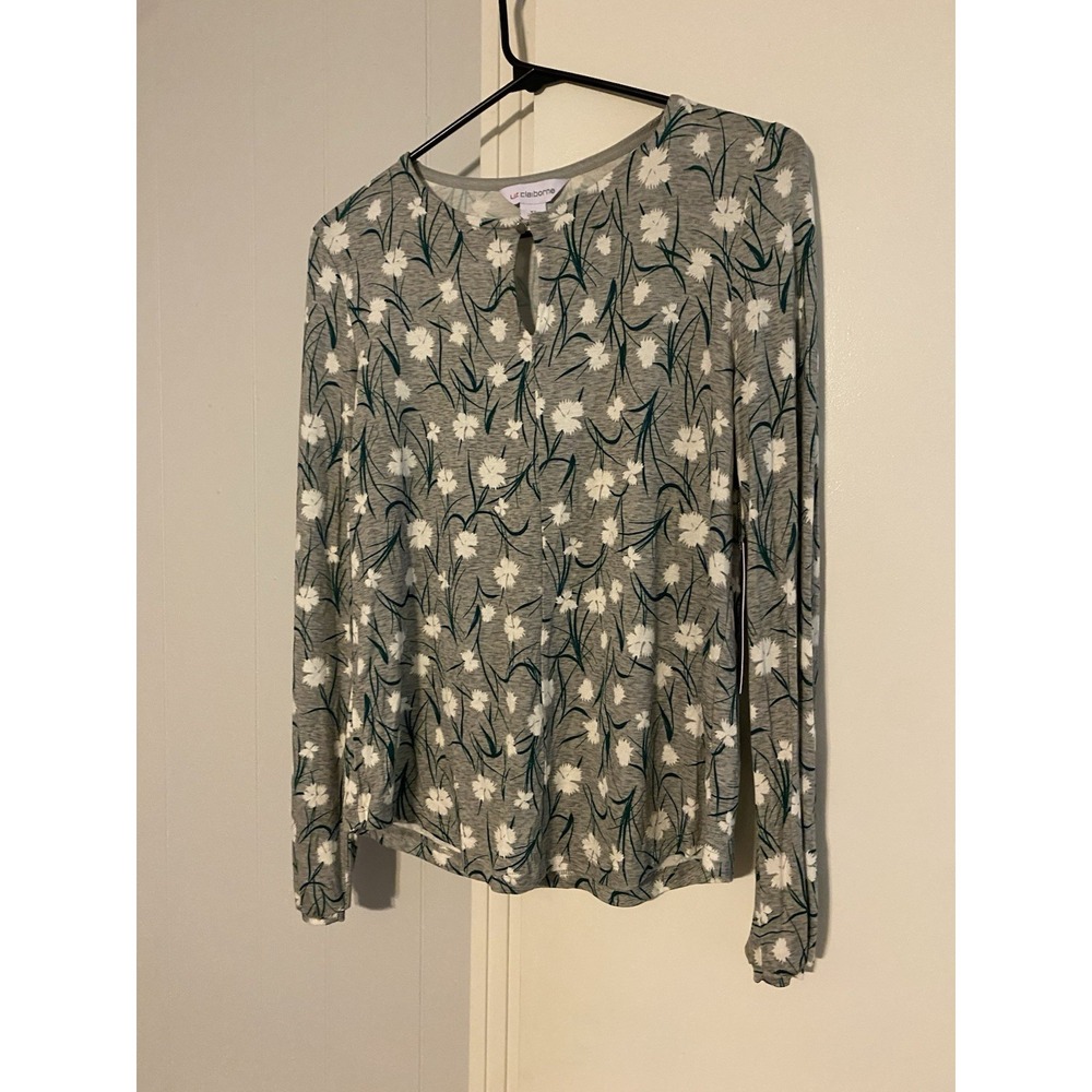 NWT LIZ CLAIBORNE ~ Floral Green White Long Sleeve Keyhole Blouse Top Women's XS